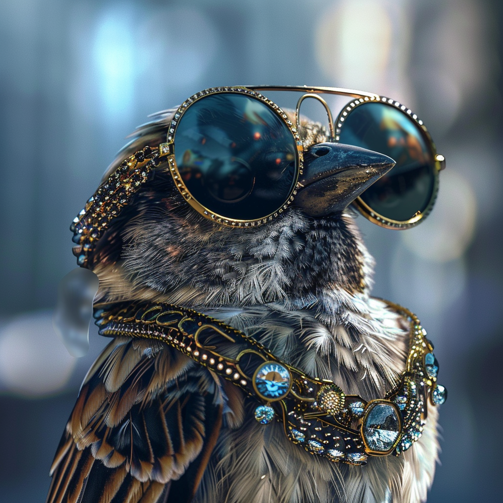 A sparrow donning lavish Swarovski sunglasses and bejeweled accessories, exuding sophistication.