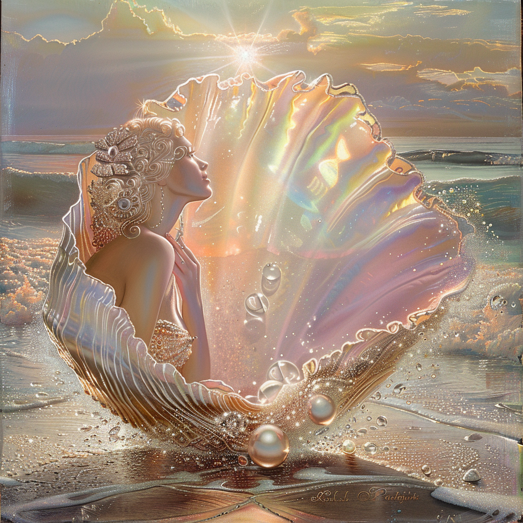 Goddess Aphrodite emerging from an iridescent seashell on a shimmering beach at sunset