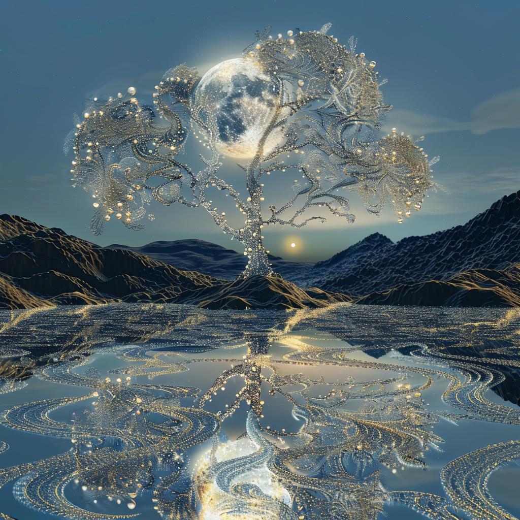 A luminous tree adorned with diamonds, lace, and pearls stands before a full moon's reflection on a tranquil mountain lake.