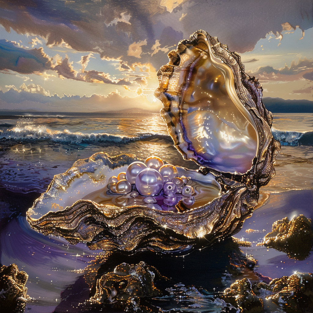 Luxury Treasure: Open Oyster with Pearls and Diamonds at Sunset