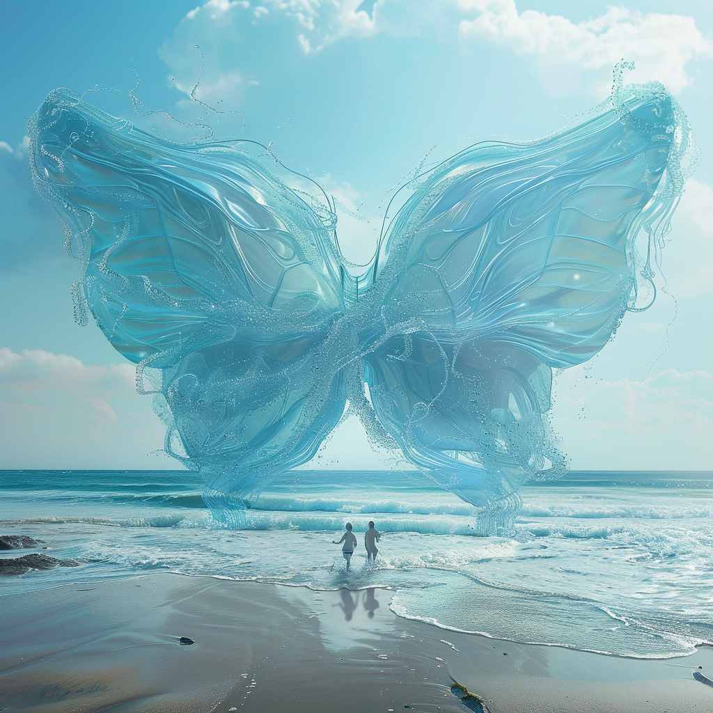 Two children walking along the shoreline beneath a colossal butterfly sculpture with transparent, iridescent wings against a clear blue sky.