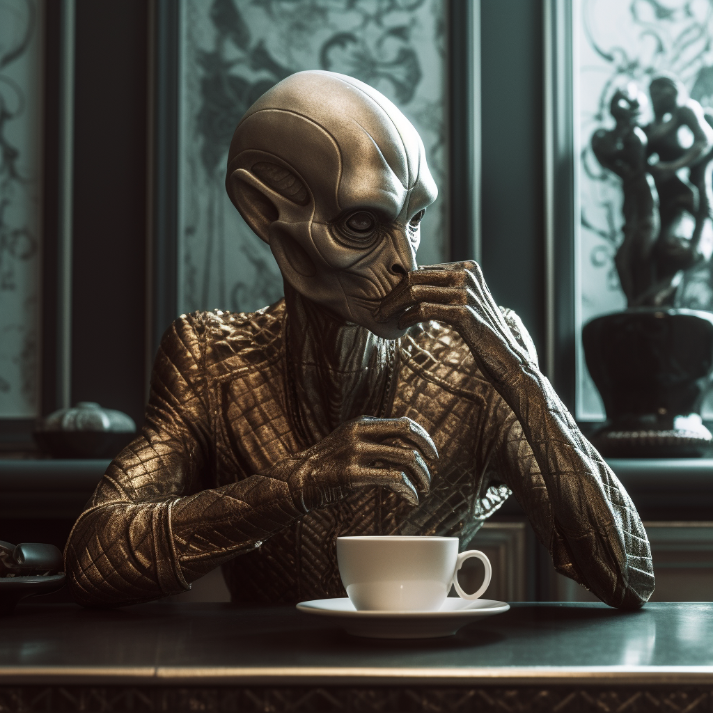 An extraterrestrial, cosmic being, resembling an alien from popular culture, seated at an ornate table sipping tea, depicted in a Baroque-inspired setting
