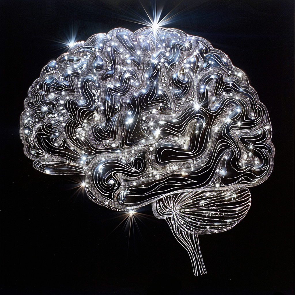 A sparkling representation of the human brain made entirely of diamonds, showcasing intricate detail and luminous brilliance