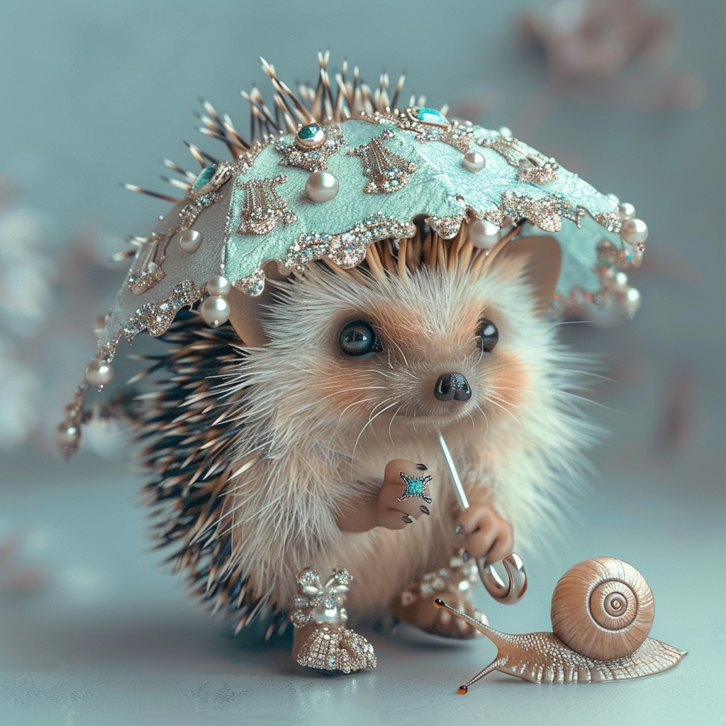 Charming hedgehog adorned with a jeweled umbrella and fancy accessories, accompanied by a snail