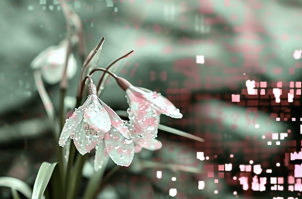 A snowdrop flower in Cybernetic Haiku style with sakura-inspired digital elements.