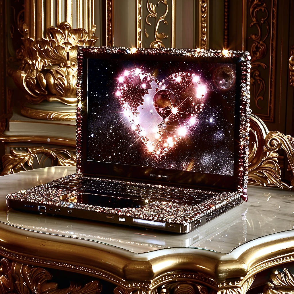 Ultra sleek and modern laptop adorned with jewels and pearls, displaying a cosmic heart image on the screen, set on an ornate golden table.